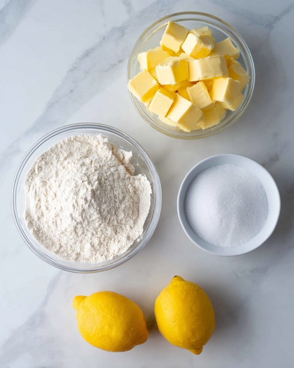 The image shows four ingredients on a white marbled surface. There is a large clear bowl filled with white flour on the bottom left, next to a smaller white bowl containing white granulated sugar on the right. Above the flour bowl is another large clear bowl filled with pale yellow cubed butter. Below the sugar bowl are two bright yellow whole lemons. The ingredients are neatly arranged with good spacing between them. photo taken with an iphone --ar 4:5 --v 7