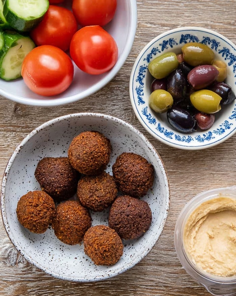 The image shows a white speckled bowl filled with nine round, brown falafel balls that have a rough, crispy texture. To the right, there is a small white bowl with a blue leaf pattern, holding a mix of green, dark purple, and reddish olives with a shiny surface. In the top part of the image, there is a white bowl filled with bright red tomatoes and a half cucumber with green skin and a light green inside. Next to the olives bowl, to the right, is a translucent container filled with a creamy beige sauce. All items are placed on a wood-textured surface. Photo taken with an iphone --ar 4:5 --v 7