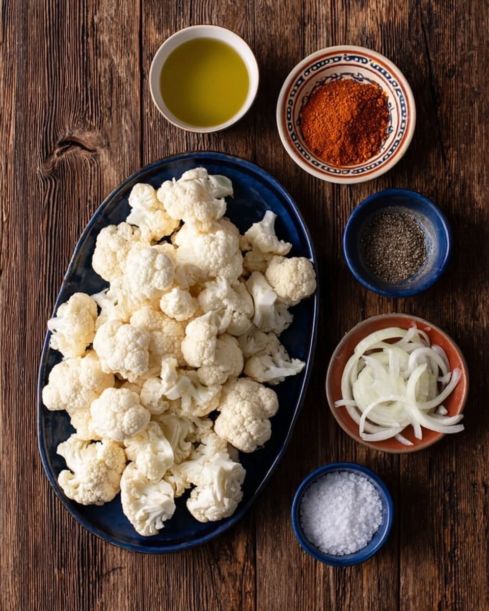 A dark blue oval plate filled with many white cauliflower florets sits in the center. Around it on a dark wooden table are five small white bowls with different ingredients: a light greenish-yellow liquid oil in the top left, a reddish brown powder spice below it with a patterned edge on the bowl, black pepper in a small plain bowl below that, sliced white onions in a dark blue bowl to the top right, and white salt in a tiny plain bowl just below the onions. The surface is dark wood, and the colors of the ingredients contrast with the dark background photo taken with an iphone --ar 4:5 --v 7