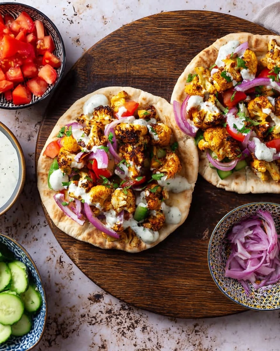 Two flat pita breads are topped with three layers: charred golden cauliflower florets with some green and red bell pepper pieces, thin slices of bright purple-red onion scattered on top, and drizzles of creamy white sauce. The pitas sit on a dark wooden board, surrounded by small bowls filled with diced red tomatoes and green cucumbers, creamy white sauce with herbs, and thin red onion slices in a patterned bowl. The background surface is a white marbled texture. photo taken with an iphone --ar 4:5 --v 7