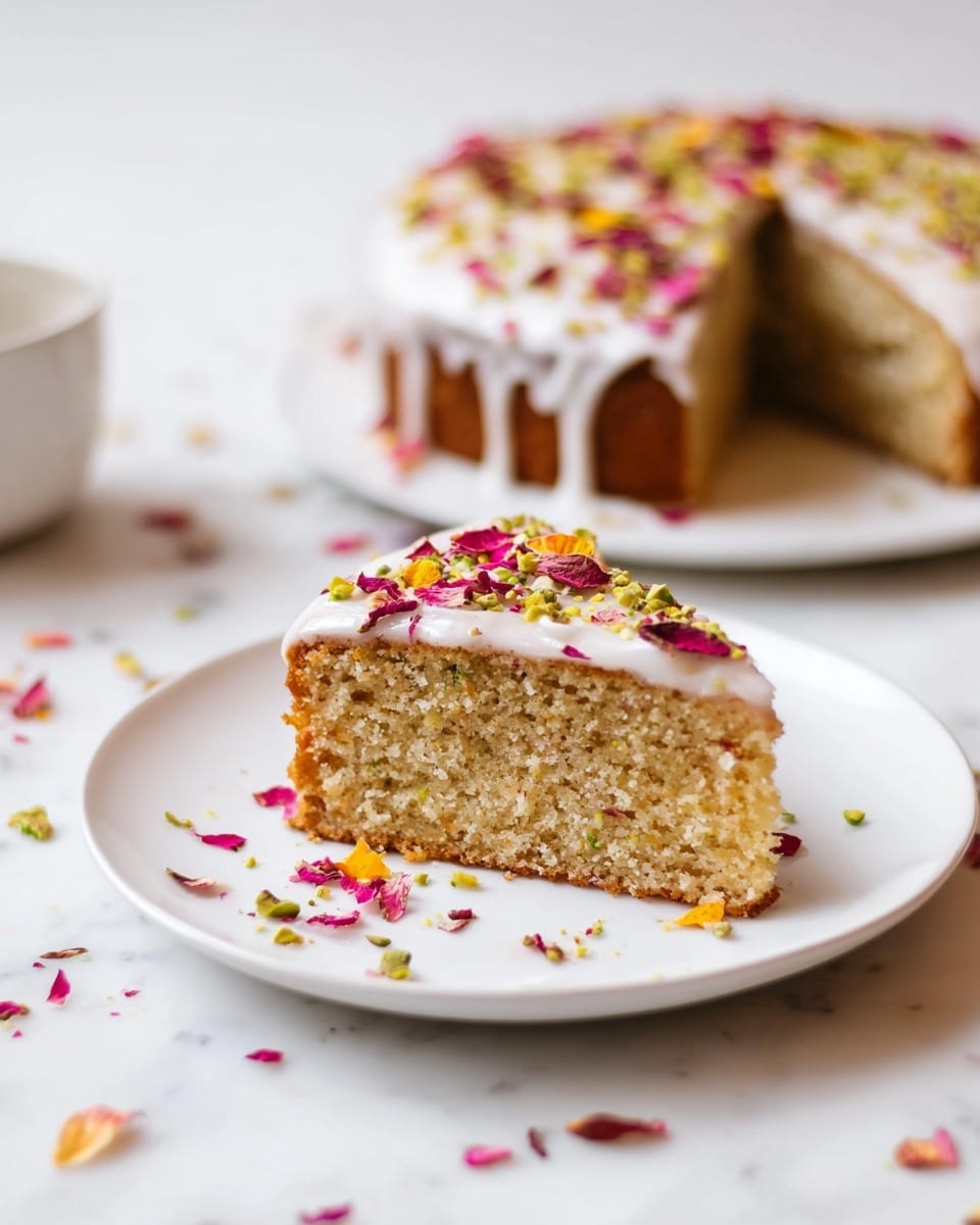 The image shows a slice of cake on a white plate, with a full cake in the background on another white plate. The cake has two layers: the bottom layer is a light brown sponge with a soft and slightly crumbly texture, and the top layer is a white icing that looks smooth and creamy, dripping slightly down the sides. Both the slice and the whole cake are decorated with small pieces of colorful toppings, including red, pink, and yellow flower petals and green pistachio crumbs, sprinkled evenly on the surface. The items are placed on a white marbled surface with more colorful petals scattered loosely around. Photo taken with an iphone --ar 4:5 --v 7