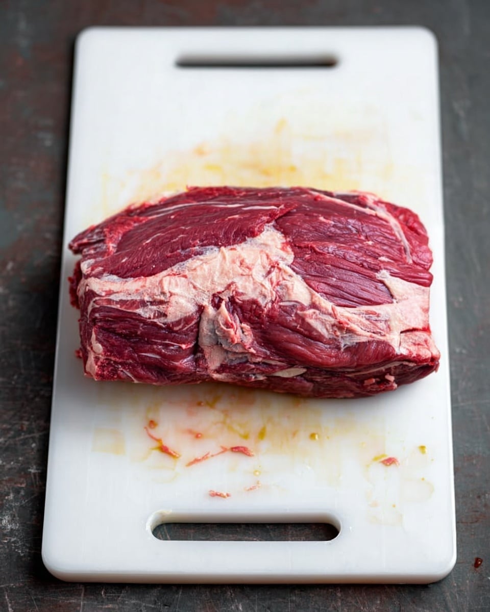A thick, raw piece of red meat with white fat veins sits in the center of a white cutting board. The meat shows a mix of deep red and light pink colors with marbled white fat running mostly through the middle and edges. The cutting board has a handle on one side and is placed on a dark surface. Small bits of fat and juice are around the meat on the board, giving it a fresh and natural look. Photo taken with an iphone --ar 4:5 --v 7