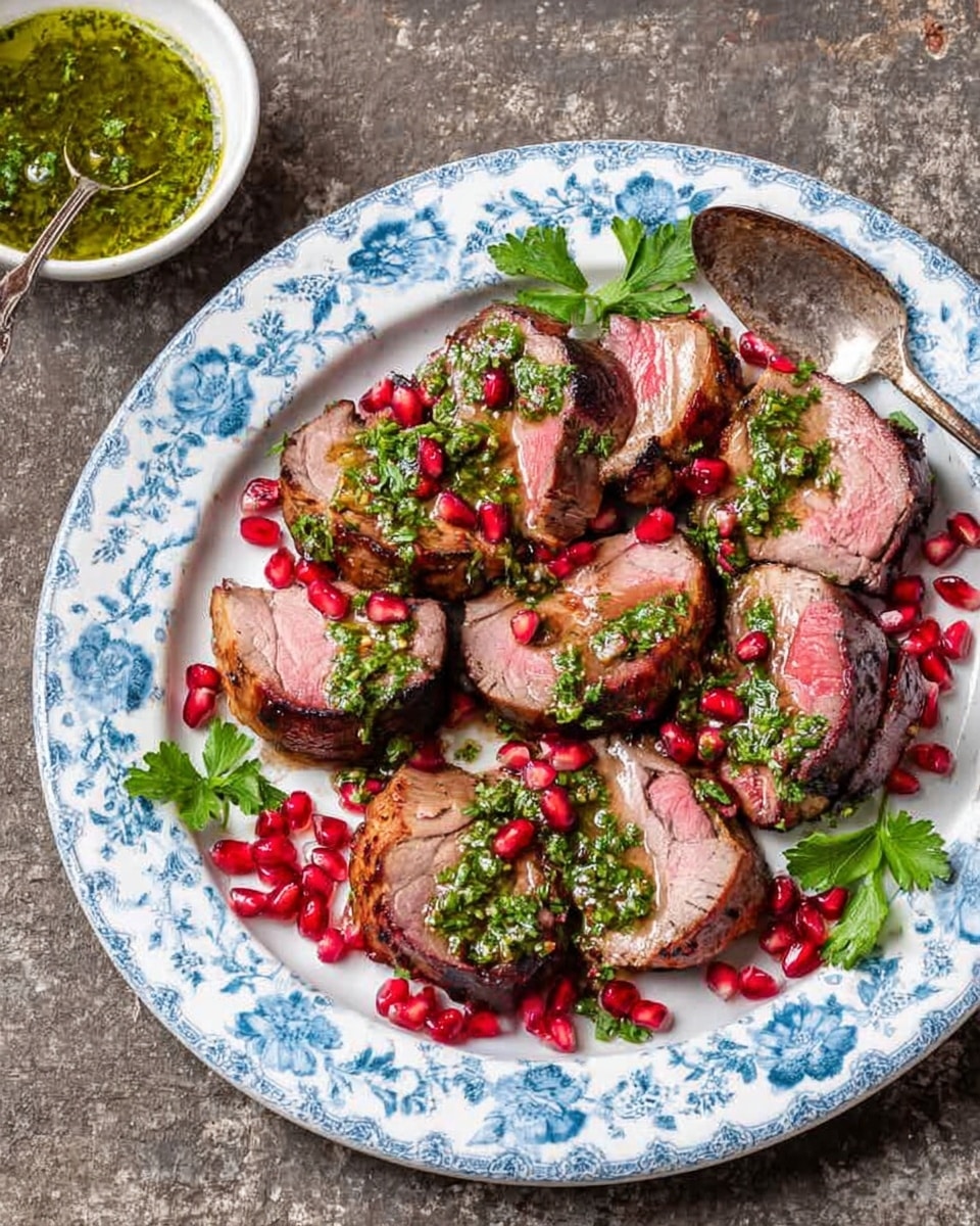 A white plate with blue floral patterns holds seven slices of pink roasted meat arranged in a loose cluster. Each slice has dark browned edges and is topped with green sauce drizzled unevenly. Scattered bright red pomegranate seeds and fresh parsley leaves add color on and around the meat slices. A silver spoon rests at the back of the plate. On the left side, a small white bowl filled with green sauce sits on a rough gray surface. photo taken with an iphone --ar 4:5 --v 7