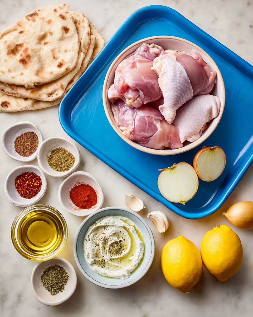 The image shows a white bowl full of raw, pink chicken thighs placed on a bright blue tray. Next to the bowl, there are two whole onions, one cut in half showing white inner layers, along with three cloves of garlic. Surrounding the tray on the white marbled surface, there are several small white bowls containing different spices in red, brown, black, and white colors, plus a small glass jar filled with olive oil. To the right, two yellow lemons rest near a small bowl of creamy white sauce with herbs and two pieces of pita bread stacked on top of each other. photo taken with an iphone --ar 4:5 --v 7