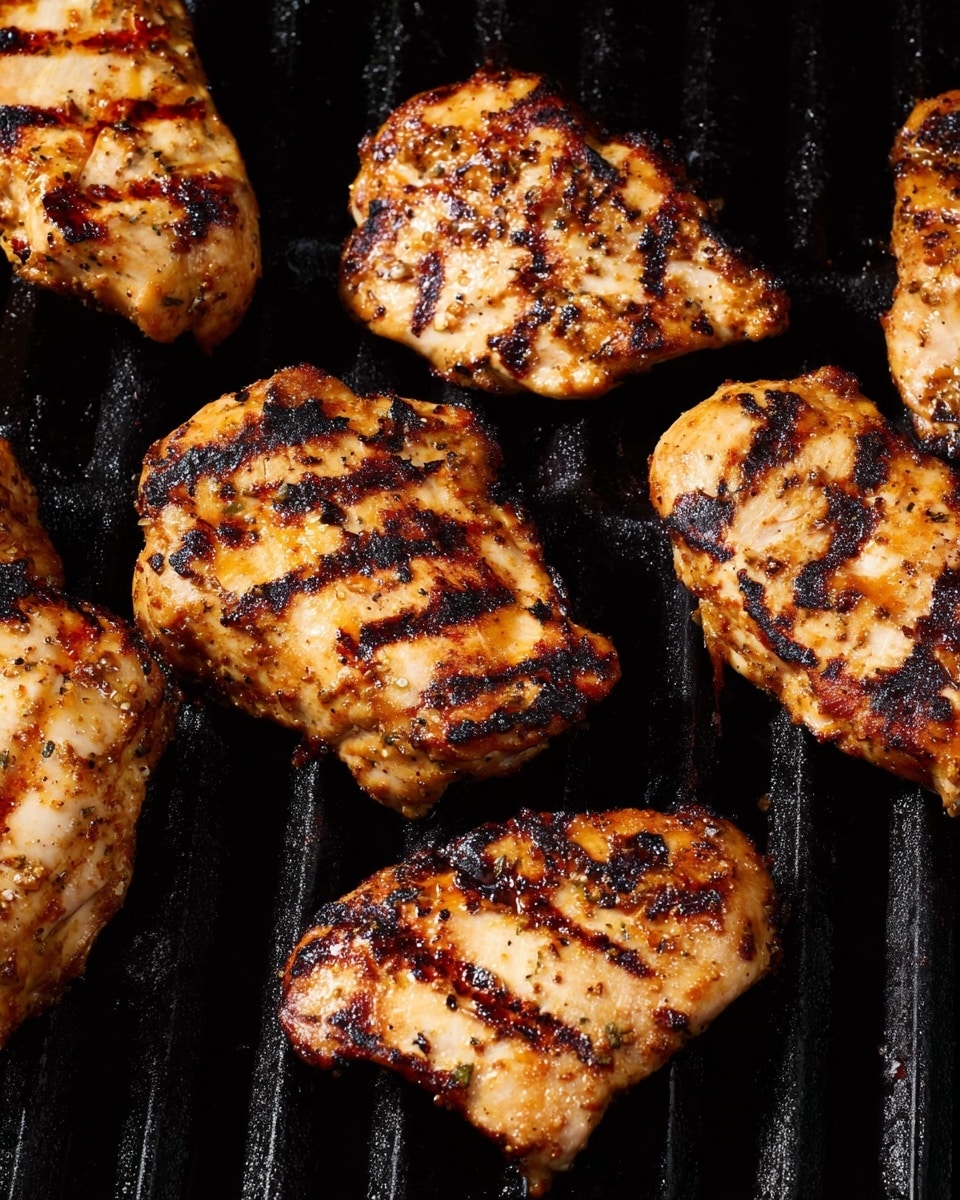 The image shows several pieces of grilled chicken placed directly on the dark grill bars. Each piece has a light golden-brown color with visible darker char marks and some blackened areas from grilling. The chicken pieces have a slightly rough texture with char lines running across them, creating a striped pattern. The overall look is juicy and cooked with a mix of golden and dark brown shades. The background is black grill bars. photo taken with an iphone --ar 4:5 --v 7