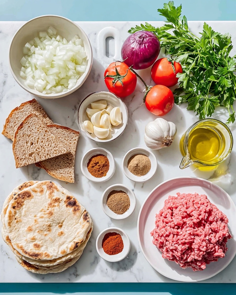 The image shows various cooking ingredients arranged neatly on a white marbled surface. There is one white bowl filled with chopped white onions on the left side. Two pieces of flatbread are stacked near the bottom left. In the middle, there are three slices of toasted brown bread on a white cutting board, along with four red tomatoes, two white garlic cloves, a bunch of fresh green parsley, and one whole purple onion. On the top right, there are small white bowls holding different ground spices in brown, red, and tan colors, along with a small glass bottle of yellow olive oil and a white bowl with beige sauce. On the far right, a white plate holds a pile of fresh pink ground meat. The setting is bright and well-lit. Photo taken with an iphone --ar 4:5 --v 7
