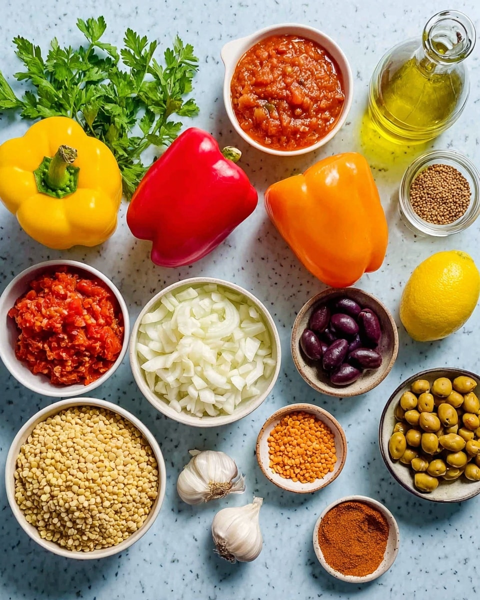 The image shows a variety of fresh ingredients arranged neatly on a white marbled surface. There are four bell peppers in yellow, red, and orange colors placed in the middle, surrounded by several small white bowls filled with different items: bright red crushed tomatoes, chopped white onions, yellow cooked lentils, light brown couscous, a creamy white sauce, dark purple olives, garlic cloves, and a few small bowls with ground spices in orange, brown, and mixed shades. A fresh yellow lemon and a clear glass bottle of olive oil are also present, along with some fresh green parsley leaves adding a touch of freshness to the scene. photo taken with an iphone --ar 4:5 --v 7