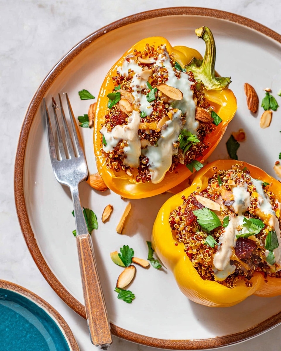 The image shows two halves of stuffed bell peppers, one yellow and one orange, placed on a large white plate with a brown rim on a white marbled surface. Each pepper half is filled with a textured mix of cooked quinoa, small pieces of nuts or seeds, and chopped herbs. The filling is topped with pale cream sauce drizzles and scattered almond slices, adding creaminess and crunch. Small green parsley leaves are sprinkled around the plate for garnish. A metal fork with a wooden handle rests on the plate near the top left pepper half, and part of a knife is visible at the bottom edge. Photo taken with an iphone --ar 4:5 --v 7