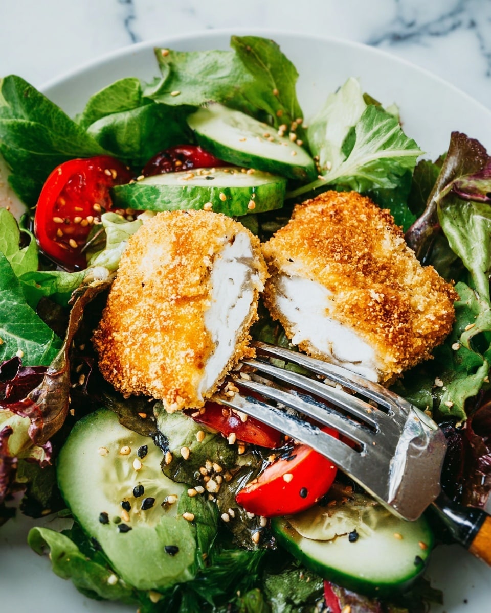 The image shows a salad served on a white plate. The salad has a mix of green lettuce leaves, cucumber slices, and small pieces of red tomato. On top of the salad, there are two pieces of fried food with a golden brown crispy outer layer and a soft white filling inside. Some sesame seeds are sprinkled over the salad and the fried pieces. A silver fork with a wooden handle rests on the salad near the fried pieces. The plate is placed on a white marbled surface. photo taken with an iphone --ar 4:5 --v 7