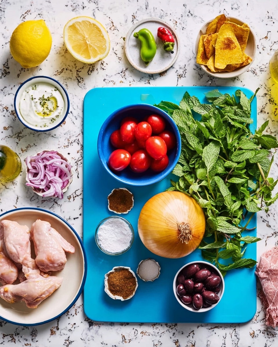 On a bright blue cutting board placed on a white marbled surface, there is a large yellow onion on the right side surrounded by fresh green leafy herbs and mint. Near the bottom right edge of the board, a small white bowl holds dark red and purple olives. To the left of the olives, there is a small white bowl with a white creamy sauce. Above the sauce bowl, a larger blue bowl contains three red Roma tomatoes, a green chili pepper, and three garlic cloves. Two small bowls with brown spices sit near the top right of the board. Surrounding the board on the marble surface, a halved lemon and a whole lemon are positioned on the left. Next to the lemons are small white bowls with salt and pepper mixture and thinly sliced red onions. In the upper left corner, a glass bottle of olive oil adds a touch of yellow. On the right side outside the board, there are two raw chicken pieces on a white plate and next to it is a white bowl filled with golden fried pita chips. photo taken with an iphone --ar 4:5 --v 7