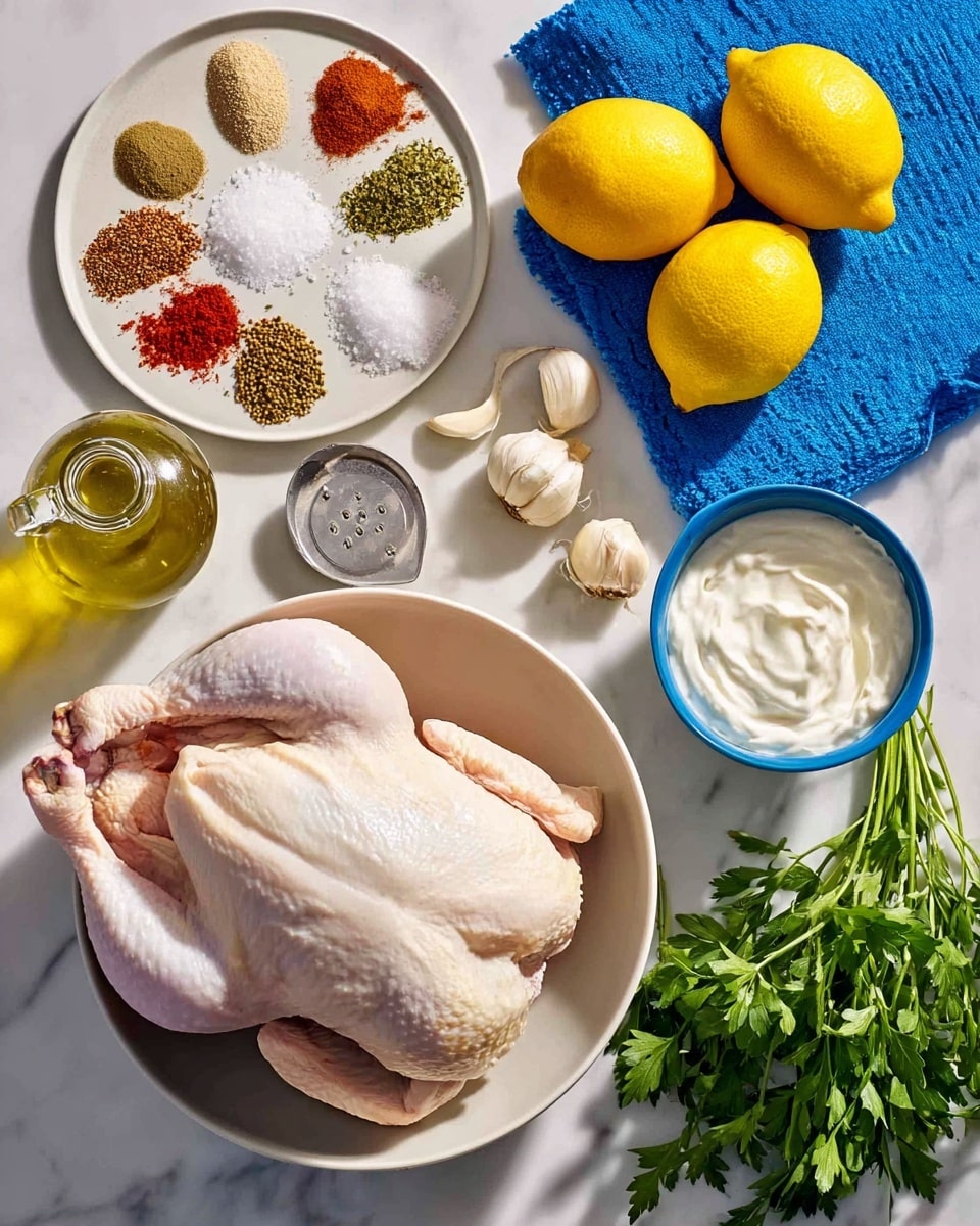 The image shows a raw whole chicken placed in a large white bowl on a white marbled surface. To the left, there is a plate with seven different spices organized in small piles of various shades of brown, red, green, and beige. Above the plate, there are two whole yellow lemons resting on a metal grater. Next to the lemons, a small white bowl filled with white salt is visible. A clear glass bottle of olive oil is placed below the bowl of salt. To the right of the spices and above the chicken, there is a white bowl with thick white yogurt. Several peeled garlic cloves lie next to the yogurt bowl on a bright blue cloth. Fresh green parsley is placed to the right of the chicken. The overall setup is organized and colorful, with a focus on the ingredients arranged neatly on the white marbled texture photo taken with an iphone --ar 4:5 --v 7
