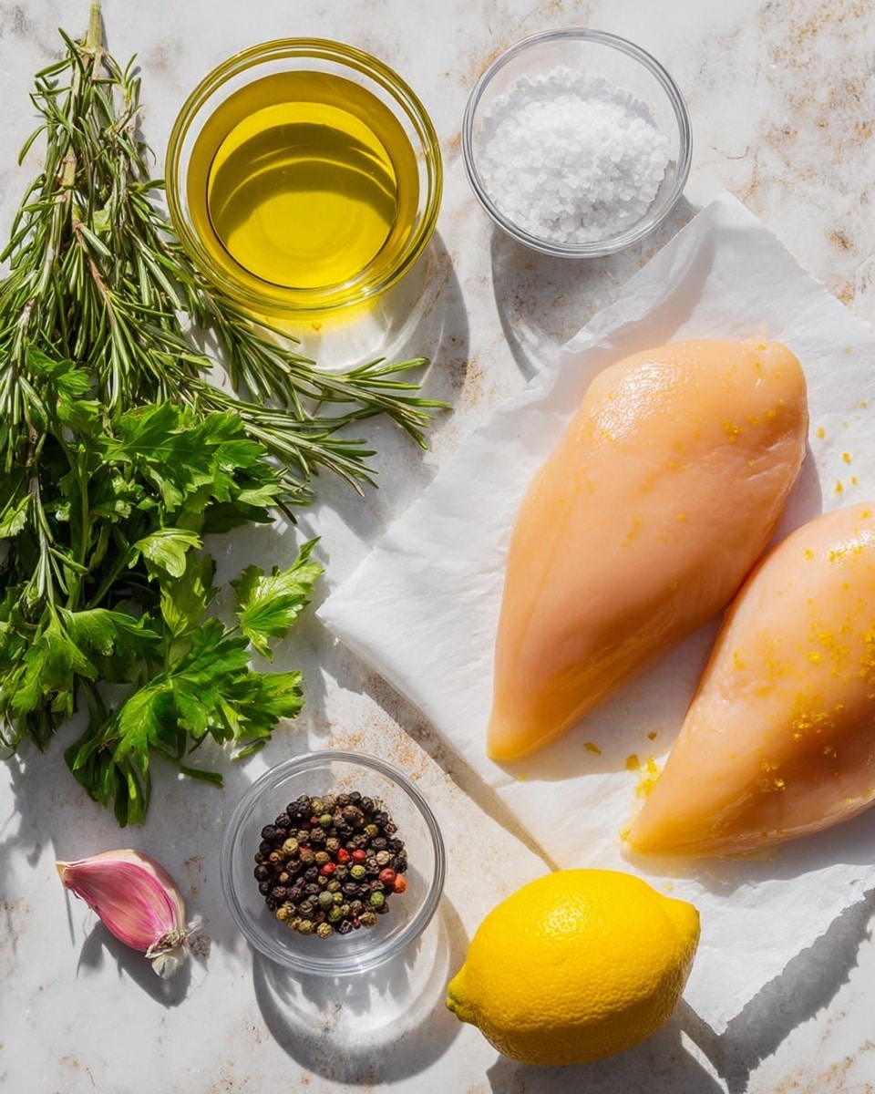 The image shows two raw chicken breasts placed on white parchment paper on the right side, with a yellow lemon positioned below them. On the left side, fresh green rosemary and parsley sprigs lay on the white marbled surface. A clear glass bowl with olive oil is placed near the herbs, and next to it is a smaller clear bowl containing coarse salt. Black peppercorns and ground black pepper are scattered nearby, along with a single pinkish garlic clove. The overall setting is bright with natural light, and the items are arranged neatly on a white marbled texture photo taken with an iphone --ar 4:5 --v 7
