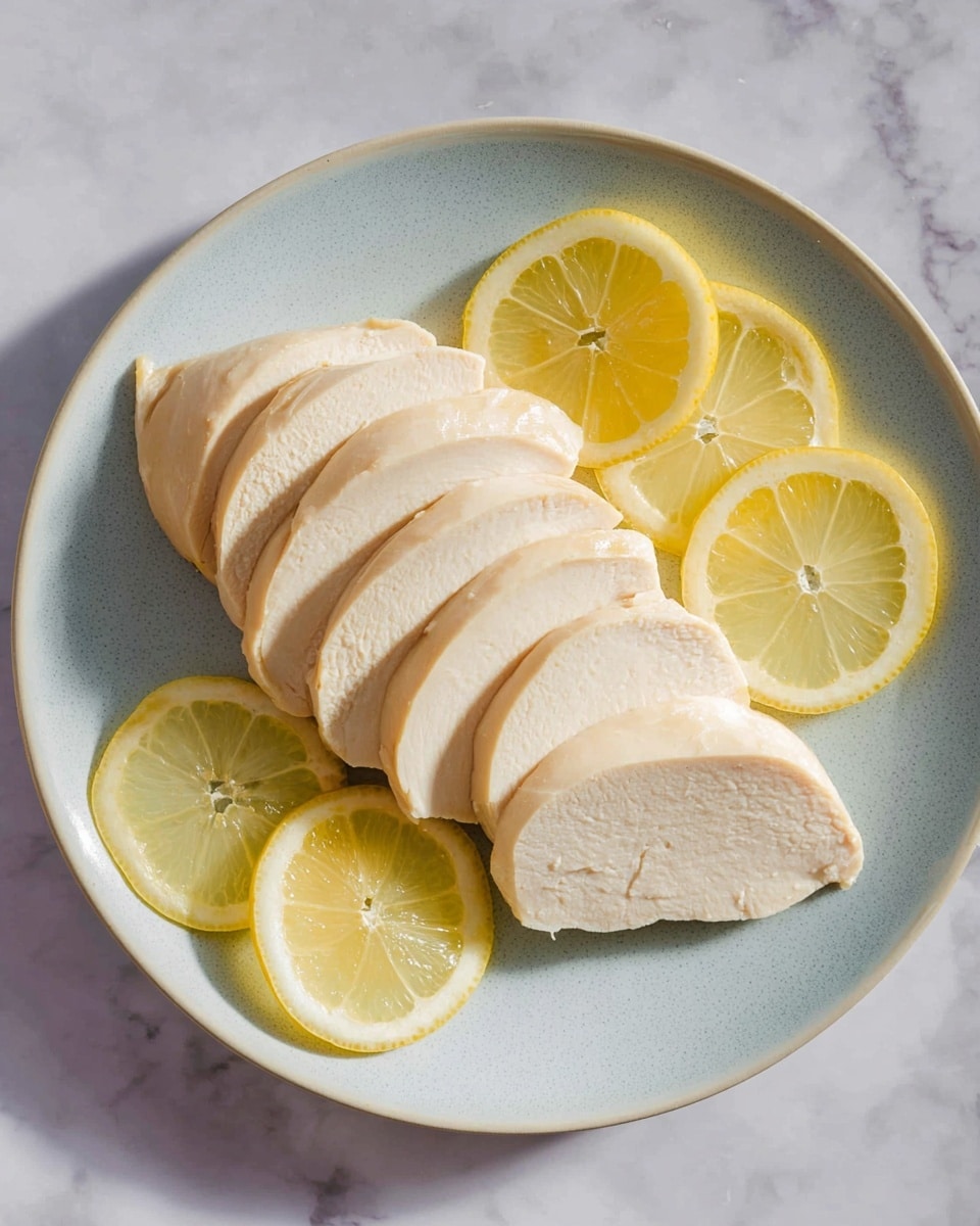 A dish shows a white plate with eight slices of cooked chicken breast arranged in a slightly fanned-out line from bottom right to upper left. The chicken slices are pale beige with a smooth texture. On the left and top right of the chicken slices, there are six lemon slices, three on each side, bright yellow with visible seeds and juicy pulp. The plate is placed on a white marbled surface. Photo taken with an iphone --ar 4:5 --v 7