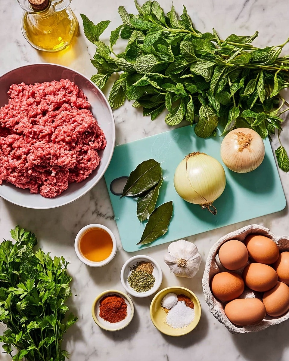 A white shallow bowl on the left holds a layer of bright red ground meat with a soft texture. Near the bowl, bunches of fresh green mint and parsley with leafy textures sit on the white marbled surface. In the middle on a light blue cutting board are two unpeeled garlic cloves, a yellow onion, and two dark green bay leaves. Around the cutting board are small round white and pastel yellow dishes holding colorful spices including bright red, brown, green, and white powders and granules. To the right, a white basket holds six brown eggs with smooth shells. A small white cup contains amber-colored liquid, and next to it is a small bowl of bright red paste. A bottle of golden olive oil is seen on the left side. Everything is arranged neatly on the white marbled surface, photo taken with an iphone --ar 4:5 --v 7