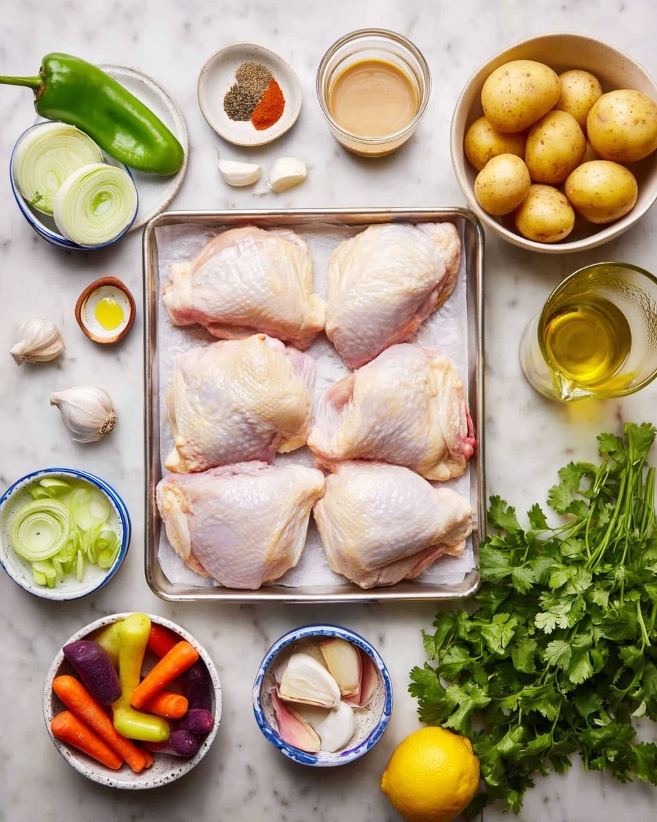 A metal tray in the middle holds six raw white chicken pieces arranged in two rows with three pieces each, the skin side up showing a smooth pale texture with slight pink edges. Around the tray, there are several small round bowls each with different ingredients: at the top right, a white bowl filled with round light yellow potatoes, below it a white bowl with colorful small carrots in shades of orange, purple, and red, and next to it, a white bowl filled with sliced green leeks showing circular layers. On the left side, close to the tray, there is a green pepper, several peeled garlic cloves scattered below it, and small dishes with sauces and spices in light brown, creamy beige, and black pepper colors. A whole yellow lemon and a glass container of oil are placed near the bottom right. Fresh green cilantro with lush leaves is also visible on the bottom right, all placed on a white marbled surface photo taken with an iphone --ar 4:5 --v 7