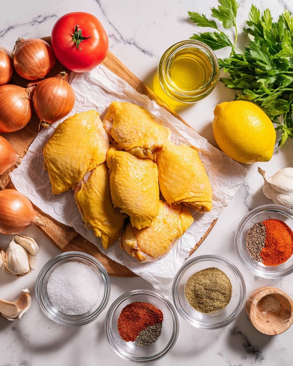 The image shows eight raw chicken pieces with yellow skin placed in a pile on a sheet of white parchment paper on top of a wooden cutting board. To the left, a group of whole onions with brown skins and some garlic cloves are arranged. There is a whole red tomato near the garlic. Several small clear glass bowls hold various seasonings, including white granules that look like salt, black pepper, and a mix of other powdered spices in shades of red, brown, and beige. A small glass jar filled with yellow olive oil sits above the spices, and a large yellow lemon and some green parsley leaves are at the upper right corner. Everything is laid out on a white marbled textured surface. photo taken with an iphone --ar 4:5 --v 7