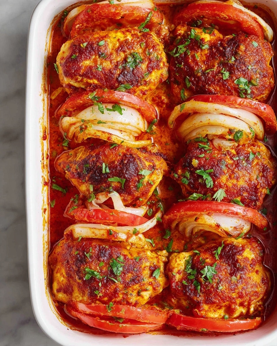 The image shows a white baking dish filled with six browned chicken pieces on the top layer, with a spicy reddish-orange sauce coating the chicken, giving a crispy texture. Between each chicken piece are slices of red tomato and white onion, creating a layered look with the vegetables sitting partly under and beside the chicken. The sauce pools at the bottom of the dish, adding a glossy red layer underneath. Small bits of chopped green herbs are sprinkled over the chicken and vegetables, adding a fresh pop of color. The entire dish rests on a white marbled surface. Photo taken with an iphone --ar 4:5 --v 7