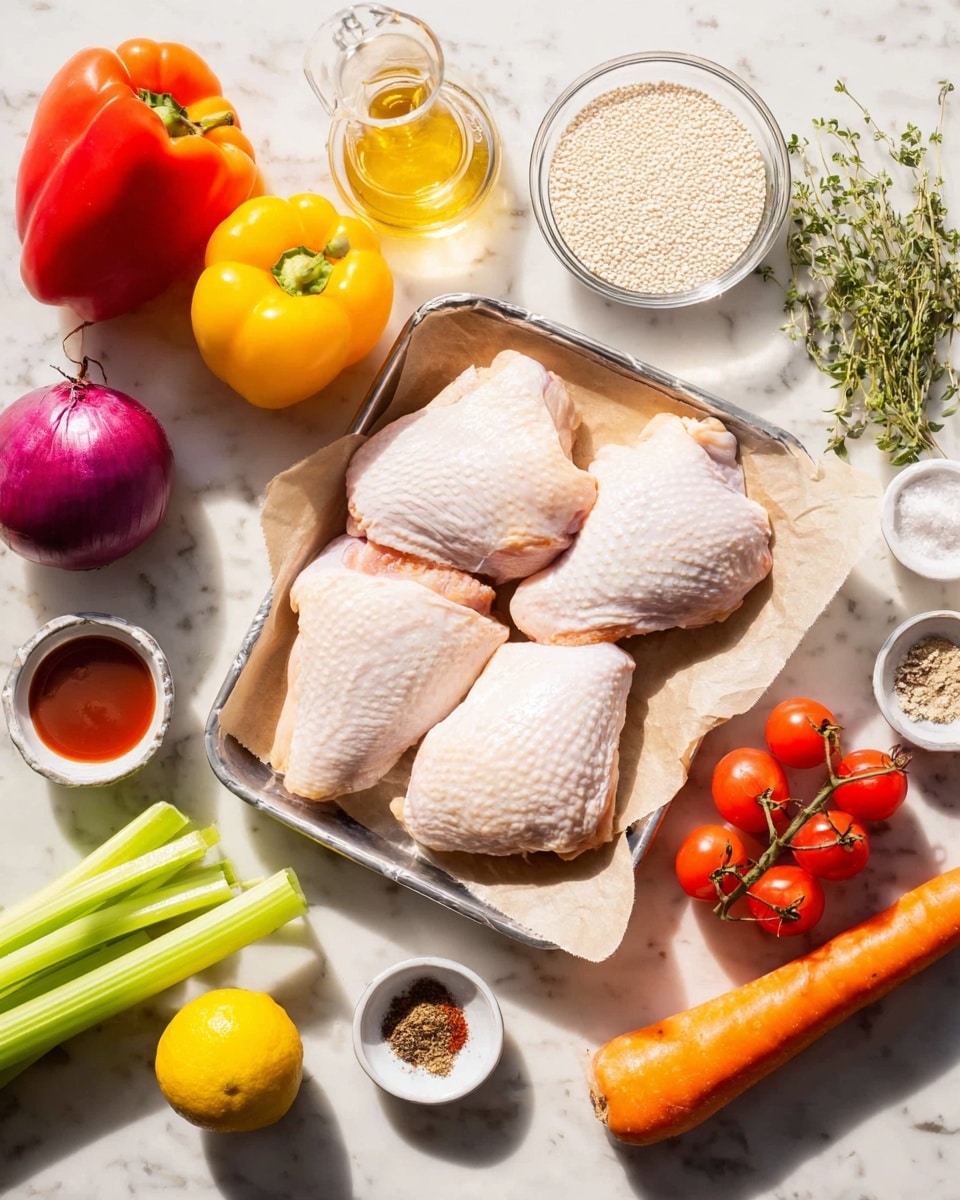 A silver tray lined with light brown parchment paper holds four pale, raw chicken thighs arranged loosely with skin side up showing a smooth, slightly shiny texture. Around the tray are fresh vegetables and ingredients on a white marbled surface: a whole red bell pepper and a yellow bell pepper with smooth skins sit to the left, a round purple onion below them, and a bunch of green herbs above. On the right side, there is a long orange carrot next to two thick bright green stalks of celery and a cluster of small red cherry tomatoes on a vine. Near the top, a clear glass bowl filled with small white grains and a glass jug with light brown liquid are present. Small bowls and containers hold coarse white salt, bright red sauce, black pepper, and two powdered spices—one brown and one yellow. A lemon and three peeled garlic cloves complete the layout, all captured in bright natural light. Photo taken with an iphone --ar 4:5 --v 7