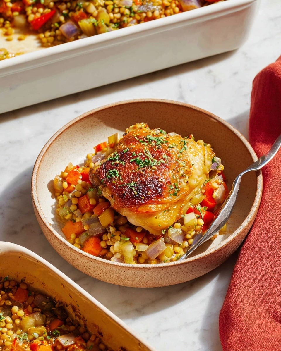 A beige bowl holds a layered dish with a base of small round grains mixed with diced orange carrots, red peppers, green herbs, and bits of light yellow and purple vegetables. Sitting on top is a single, golden-brown cooked chicken thigh with a crispy, slightly charred skin and some green herb sprinkles. To the side of the bowl, a silver spoon rests inside, and a white baking dish with more of the grain and vegetable mixture is partly visible in the background. The scene is set on a white marbled surface with a folded red cloth nearby, and soft natural light brightens the dish, showing clear textures and warm colors photo taken with an iphone --ar 4:5 --v 7