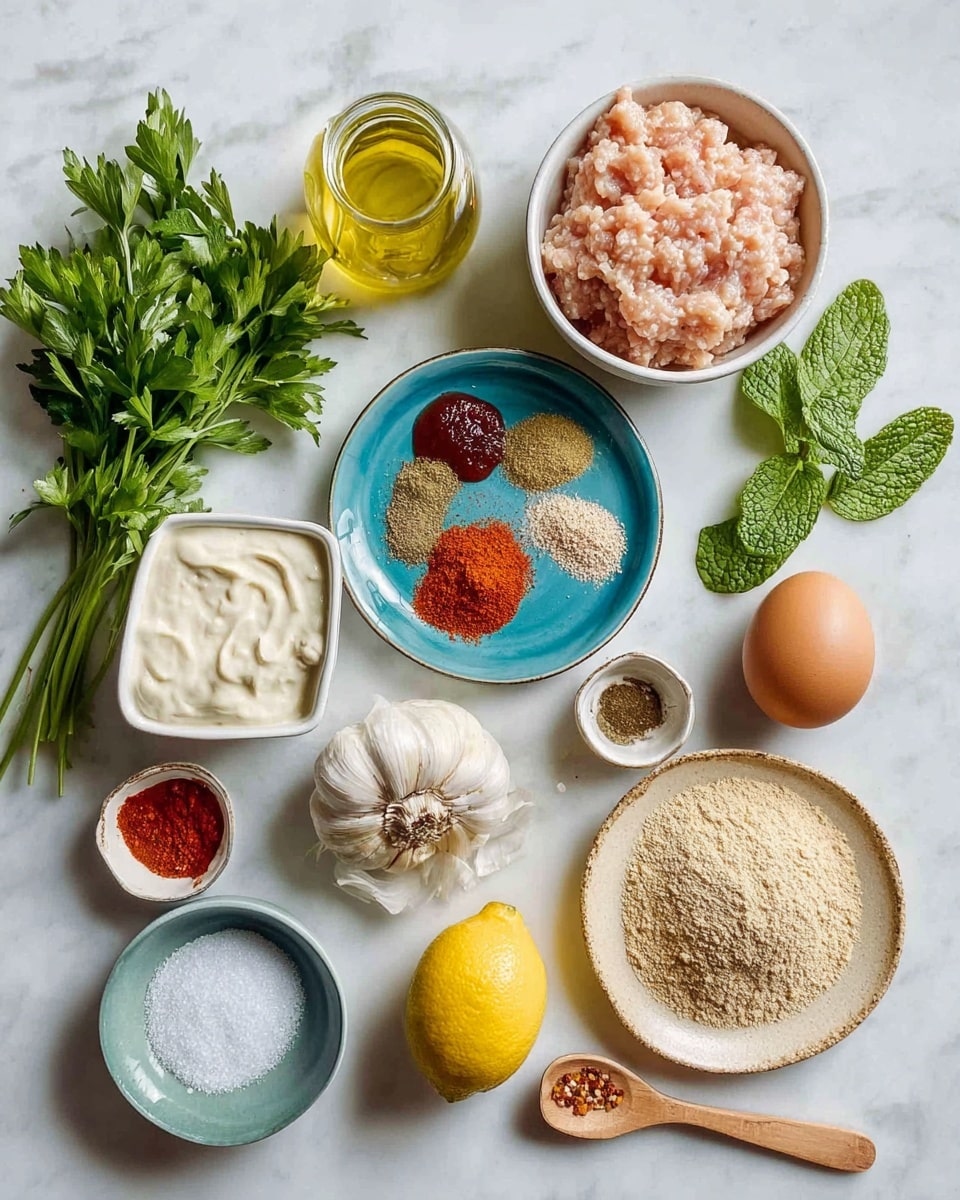 The image shows ingredients for cooking arranged neatly on a white marbled surface. There is a white bowl filled with light pink ground chicken in the center top. To the left, a square white bowl holds smooth white cream, and a bunch of fresh green parsley lies below it. Next to the parsley, a small blue plate contains a mix of ground spices in red, tan, and greenish colors. A small round white bowl on the right holds fine light brown breadcrumbs, and fresh green mint leaves are placed near it. Near the top, there is a whole brown egg, a yellow lemon, and a peeled onion in pale yellow. In the middle right, a round beige plate is topped with two garlic cloves, black pepper in a small white container, and red and dark red pastes placed beside each other. A clear glass bottle with yellow olive oil is on the top left corner. A small wooden bowl with white salt and a wooden spoon is below the spices. The background is simple, and the whole setup is clean and bright. photo taken with an iphone --ar 4:5 --v 7