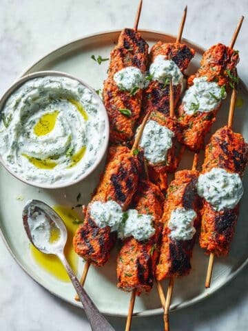Chicken Kofta Kebabs with Harissa and Garlic-Mint Yogurt Recipe