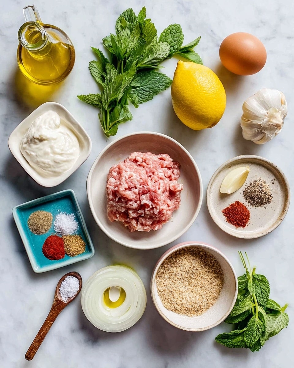 The image shows various ingredients on a white marbled surface arranged neatly. There is a white bowl in the center with pale pink ground meat, surrounded by a whole brown egg, a whole lemon, a whole onion, and a round white plate holding two garlic cloves, an onion ring with ground black pepper, and two red pastes. To the left, there is a square white bowl with thick white cream, a small blue dish containing three different powdered spices in red, beige, and brown shades, and fresh green parsley and mint leaves placed next to each other in bunches. On the right side, a white bowl holds light brown breadcrumbs, while a glass bottle of golden olive oil is positioned in the top left corner. In the bottom center, there is a small cream-colored container with coarse salt and a wooden spoon resting on it. All items sit on the clean white marbled background. Photo taken with an iphone --ar 4:5 --v 7