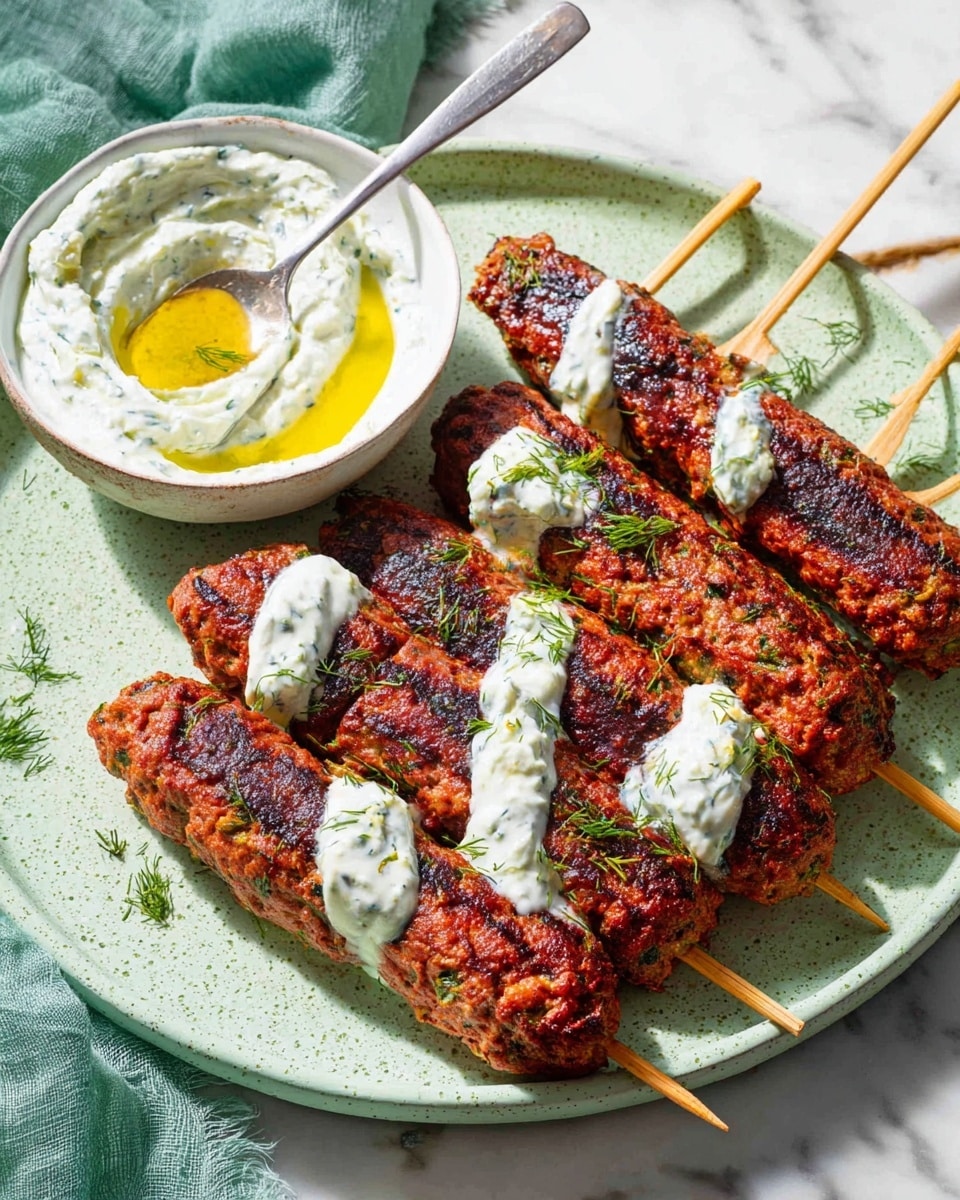The image shows six grilled kebabs on wooden sticks placed on a white plate with a light green texture. Each kebab has a reddish brown color with visible grill marks and green herbs inside. Dollops of creamy white sauce with green herbs are spread unevenly on top of the kebabs. On the left side of the plate, there is a small white bowl filled with more white sauce, drizzled with golden oil. A silver spoon inside the bowl is scooping some sauce. The plate and bowl sit on a white marbled surface, and there is a soft green cloth in the background. Photo taken with an iphone --ar 4:5 --v 7