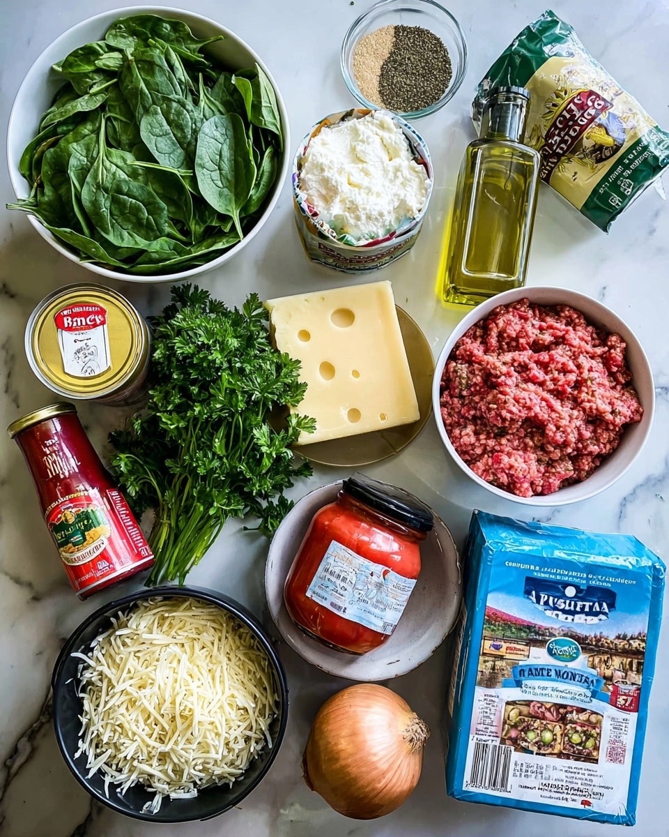 The image shows several ingredients for cooking laid out on a white marbled surface. On the left, there is a white bowl full of fresh green spinach leaves and a black bowl containing shredded white cheese. In the center, there is a container of ricotta cheese, a bunch of fresh green parsley, a can of diced red tomatoes, a small jar of yellow bouillon, a wedge of light yellow parmesan cheese, a bottle of green olive oil, and a small red can of tomato paste. On the right side, there is a white bowl holding a package of ground beef in a white and red bag, a blue box labeled oven ready lasagna, a whole yellow onion, a bulb of garlic, and a small clear glass dish with mixed spices. All items are arranged neatly with good lighting. photo taken with an iphone --ar 4:5 --v 7