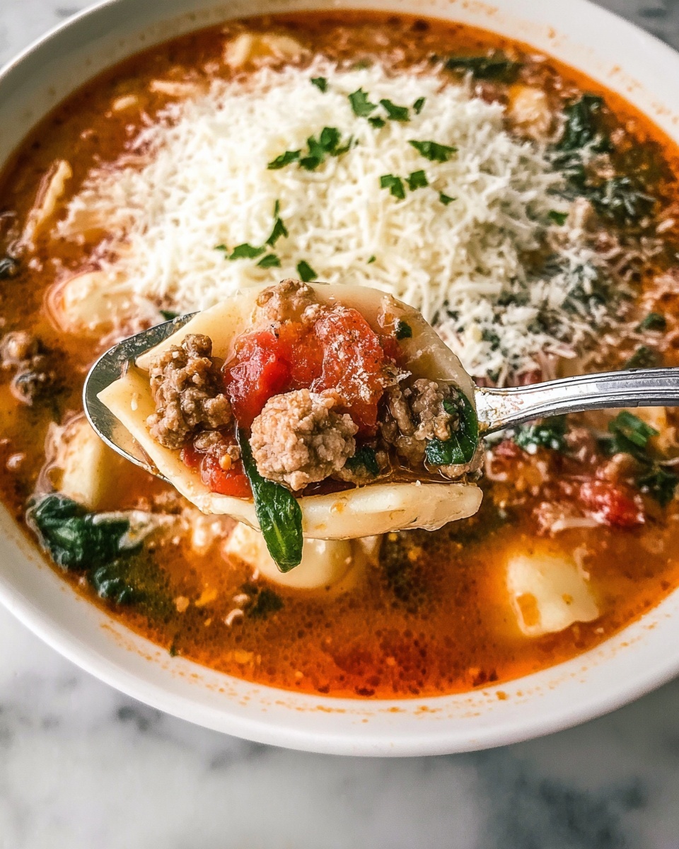 This image shows a close-up of a white bowl filled with a layered soup. The bottom layer is a reddish-orange broth with visible pieces of cooked ground meat, spinach leaves, and small pasta sheets. Above the broth, there are scattered chunks of red tomato and finely chopped green herbs. The top layer is a large mound of finely shredded white cheese with a few green herb pieces sprinkled on top. A silver spoon holds a portion of the soup, showing a piece of pasta, meat, tomato, shredded cheese, and herbs. The bowl rests on a white marbled surface. Photo taken with an iphone --ar 4:5 --v 7