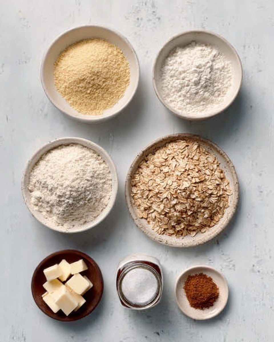 The image shows seven white bowls and one small brown dish arranged on a white marbled surface. From top left to bottom right, the first white bowl contains a light yellow powder with a fine texture. Below it, a white bowl holds white flour with a soft, powdery look. To the right, a smaller white bowl has a brown spice with a rough texture. Next to it is a round, shallow, white bowl filled with light brown rolled oats, showing a coarse texture. Below the oats, a small white round container holds fine white powder. To the left, a spice jar with a dark brown lid is placed next to a small brown dish that contains small cubes of white butter. The white marbled surface contrasts softly with the natural colors of the ingredients.photo taken with an iphone --ar 4:5 --v 7
