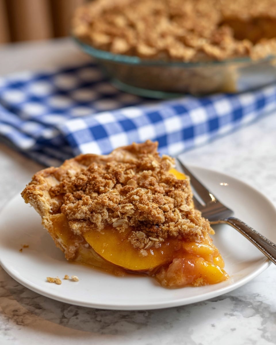 A slice of peach crumble pie sits on a white plate, showing two layers: the bottom layer is soft peach filling with orange and yellow tones, and the top layer is a crumbly oat topping with golden brown color and a crunchy texture. The pie crust edges are slightly golden and flaky. A silver fork rests on the plate near the pie slice. In the background, there is a whole pie in a clear dish, placed on a white marbled surface with a blue and white checkered cloth behind it. The photo taken with an iphone --ar 4:5 --v 7