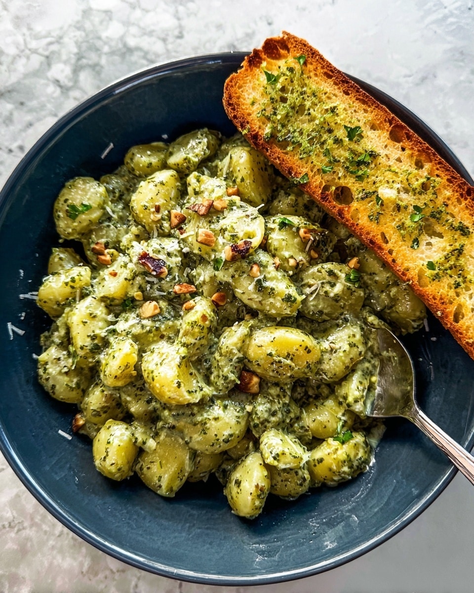 A dark blue bowl filled with a creamy dish made of small potato pieces covered in a green pesto sauce mixed with small bits of nuts and herbs, giving a textured look with green and light brown spots. On the right side of the bowl, a toasted garlic bread stick with a golden brown crust and green herb bits sits partly on a silver spoon resting inside the bowl. The background shows a white marbled surface photo taken with an iphone --ar 4:5 --v 7