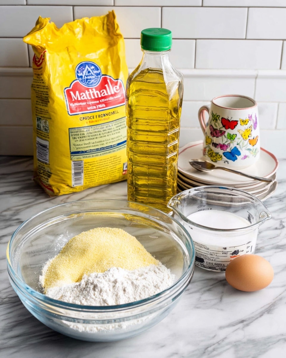 A clear glass mixing bowl shows three separate layers of dry ingredients: a pale yellow layer of cornmeal on the left, a bright white layer of sugar on the bottom left, and a white layer of flour on the right, all sitting on a white marbled surface. Behind the bowl is a yellow bag of Martha White self-rising yellow cornmeal mix with red and blue text. To the right of the bag is a large clear plastic bottle of yellow canola oil with a green cap and label. Next to the oil is a clear measuring cup filled with white liquid and a small white ceramic jar decorated with colorful flowers and butterflies, holding a spoon with a brown substance inside. On the far right, an egg rests on a stack of small white plates. The background is white subway tile, photo taken with an iphone --ar 4:5 --v 7