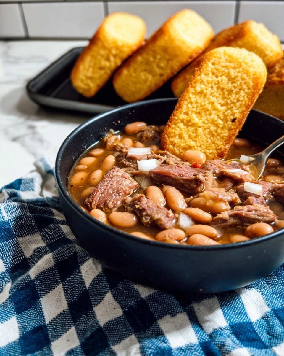 A close-up image shows a black bowl filled with a stew of light brown beans, chunks of tender meat, and small pieces of white onions in broth. One golden-brown toasted corn bread stick is dipped into the stew. Around the bowl, there are six more golden toasted corn bread sticks resting on a black tray and on a white marbled surface covered partially by a blue and white checkered cloth. The background is a white tiled wall with a countertop visible. photo taken with an iphone --ar 4:5 --v 7