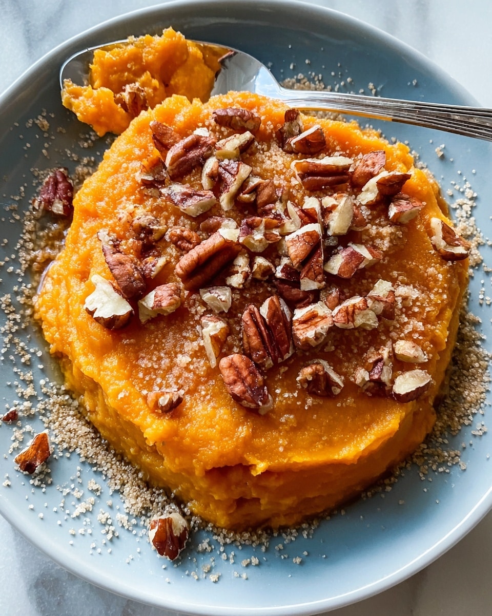 A single layer of smooth, bright orange mashed sweet potato sits on a white plate. On top, there is a scattered layer of large, rough-chopped pecan pieces, adding texture and brown color. Around the mashed sweet potato, there are small granules of light brown sugar crystals spread on the plate. A silver spoon rests on the side, touching the mashed sweet potato. The scene is set on a white marbled surface. photo taken with an iphone --ar 4:5 --v 7