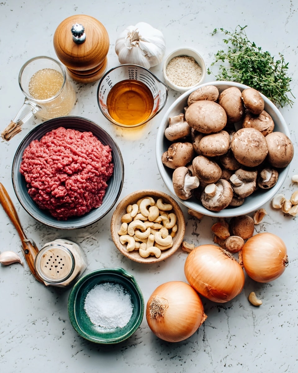The image shows multiple ingredients neatly arranged on a white marbled surface, including a medium bowl of raw red ground meat placed near the center and a large white bowl on the right filled with brown mushrooms. Around these bowls, there are light brown whole onions, a small green bowl with cashew nuts, a glass measuring cup with an amber liquid, a jar with white salt and a wooden lid, a wooden pepper grinder, a sprig of green herbs, garlic cloves, and a small green bowl with a white powdered ingredient. The colors are natural and earthy with a mix of textures from smooth mushrooms to rough onions and powdery salt. Photo taken with an iphone --ar 4:5 --v 7