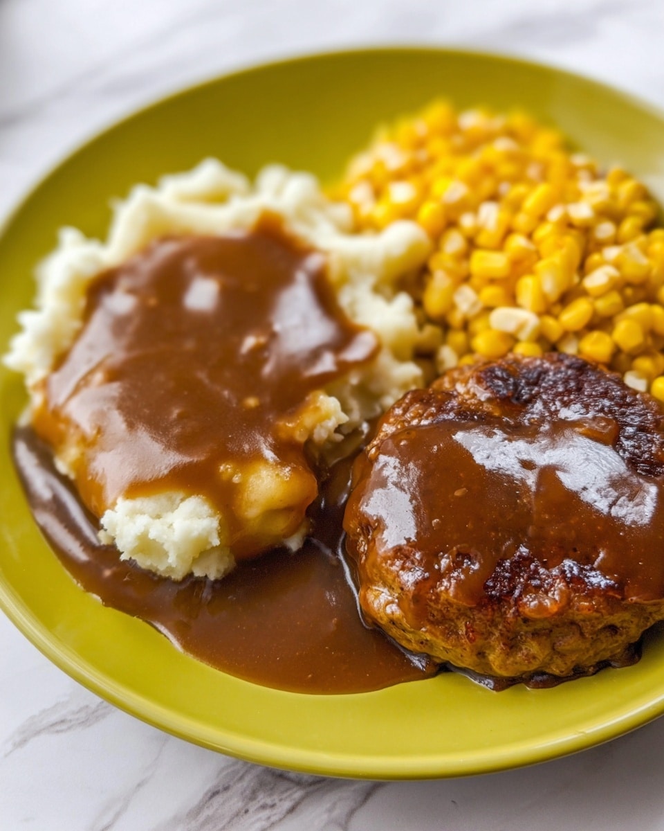 On a white plate, there are three main sections: on the left, a layer of soft white mashed potatoes topped with a thick, smooth brown gravy; in the center back, a heap of small, yellow pieces of corn with a slightly glossy texture; on the right front, a round, dark brown patty covered in a shiny brown gravy with visible cooked edges. The food sits on a white marbled surface, and the photo taken with an iphone --ar 4:5 --v 7