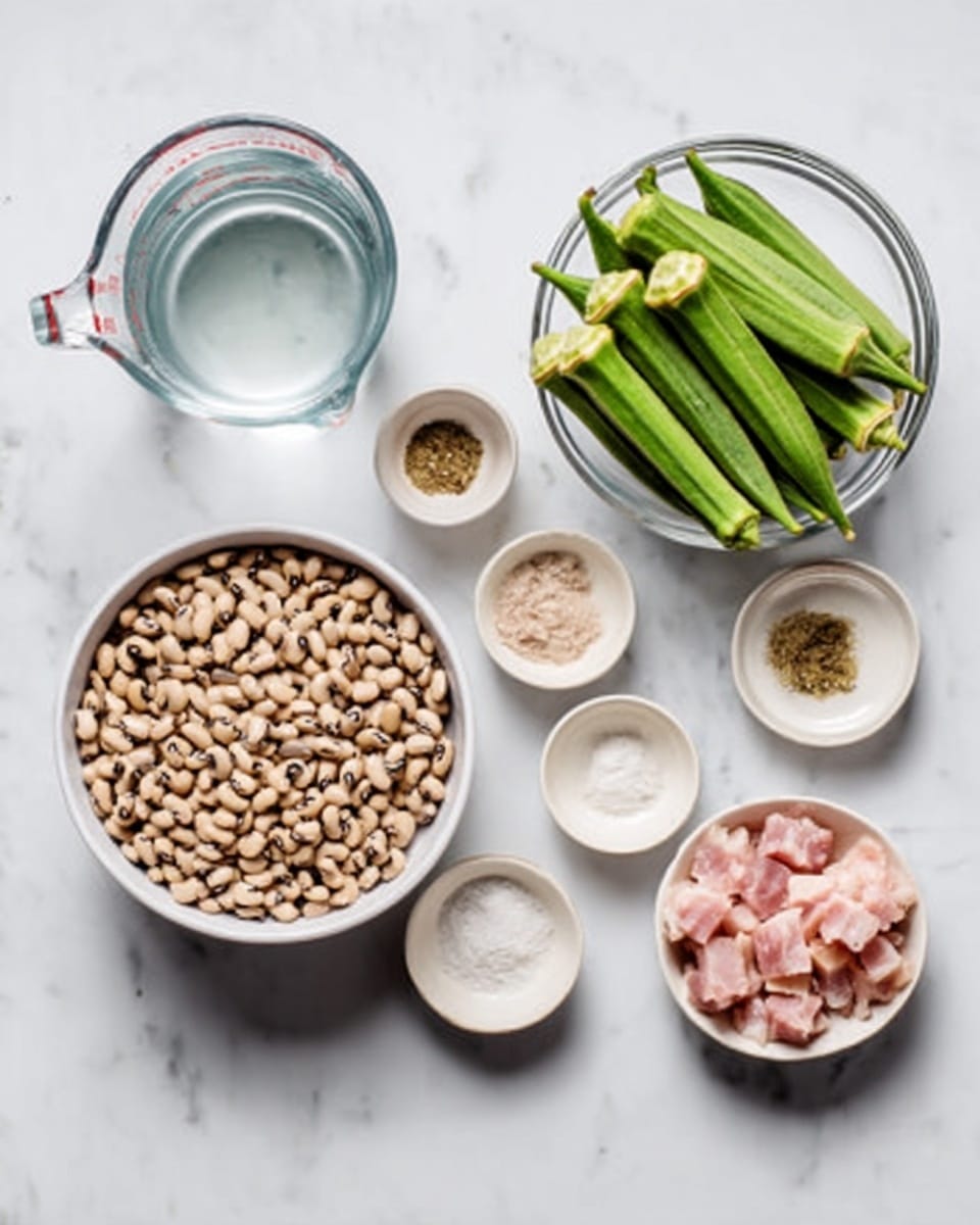 The image shows six ingredients arranged on a white marbled surface. In the bottom left, there is a clear white bowl filled with light brown beans with black eyes. To the right of it, another clear white bowl holds fresh green okra pods. Above the beans, there are five small round white dishes lined up horizontally, each containing different spices or salt; the colors range from light beige to white. To the far right, near the top, there is a clear white bowl with small pink and white pieces of meat. In the top left corner, there is a clear glass measuring cup filled with water. The setting is bright and clean with natural light coming softly from one side. Photo taken with an iphone --ar 4:5 --v 7