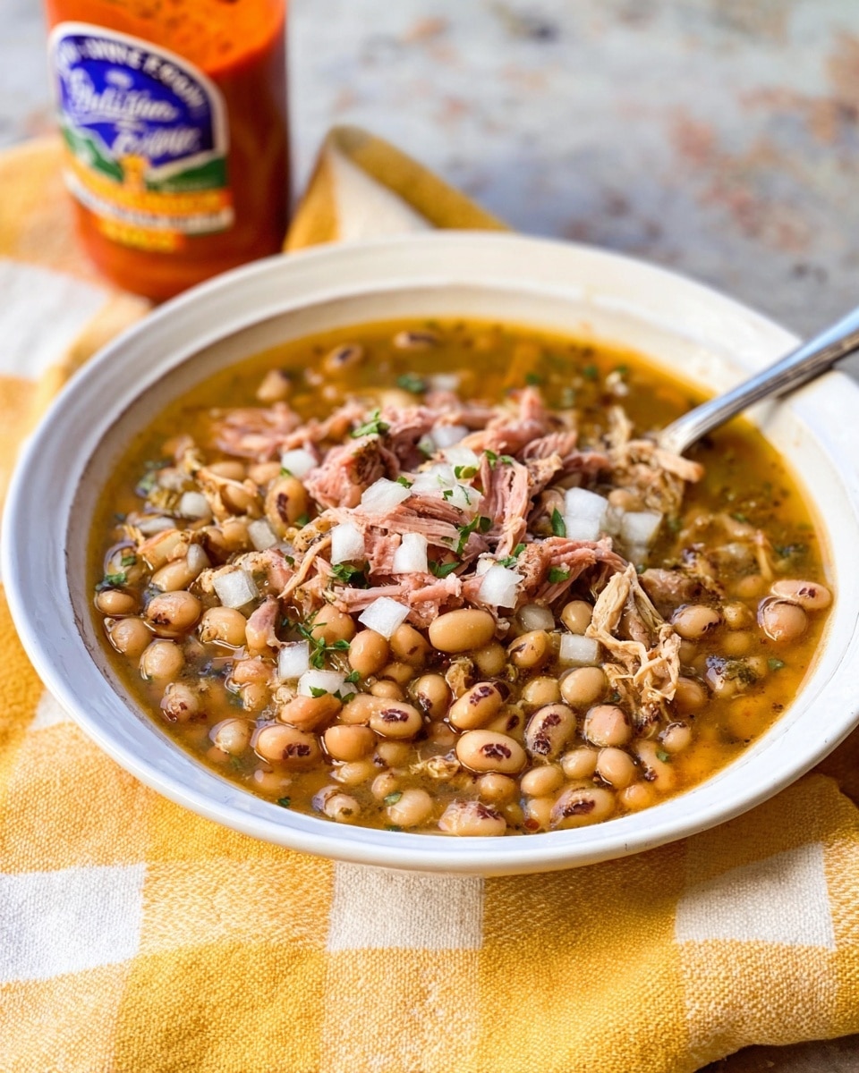 A deep white bowl filled with a stew of light brown broth, mixed with many small, beige beans with black spots, and pieces of soft, shredded light pink meat, topped with scattered small white onion pieces and tiny green herb bits. A silver spoon sticks out of the bowl on the right side. The bowl sits on a yellow and white checkered cloth over a white marbled surface. At the back, a bottle with orange sauce and a blue and white label is blurred in the background. photo taken with an iphone --ar 4:5 --v 7