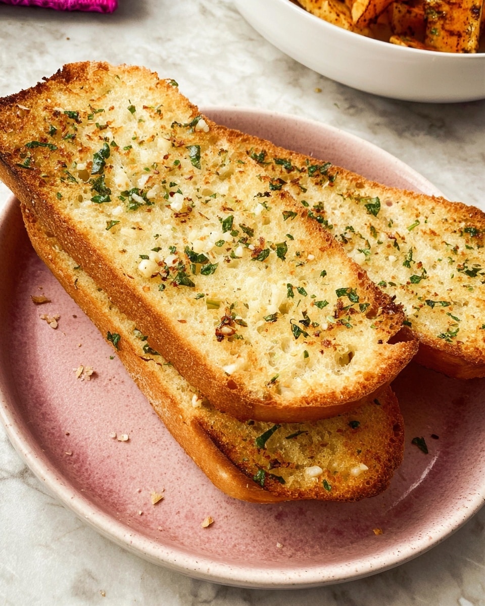 The image shows two long slices of toasted garlic bread stacked slightly on a white plate with a soft pink tint. Each slice has a golden-brown crust with a crispy texture, topped with finely chopped green herbs and small bits of garlic spread evenly across the surface. The bread appears crunchy on the outside, while softer in the middle. The background is a white marbled surface with part of a white bowl with food in the top right corner. Photo taken with an iphone --ar 4:5 --v 7