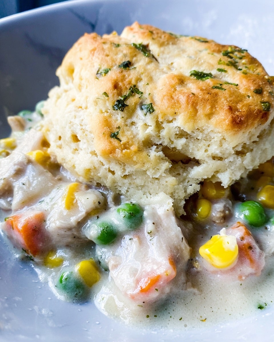 A close-up view of a casserole dish served on a white plate, showing one large golden-brown biscuit on top with a slightly rough texture and green herb bits sprinkled across it. Underneath the biscuit, there is a creamy white sauce mixed with visible pieces of orange carrot, green peas, and yellow corn, along with tender chunks of light beige meat. The sauce looks smooth and thick, lightly spreading around the biscuit, all set on a white marbled surface. photo taken with an iphone --ar 4:5 --v 7