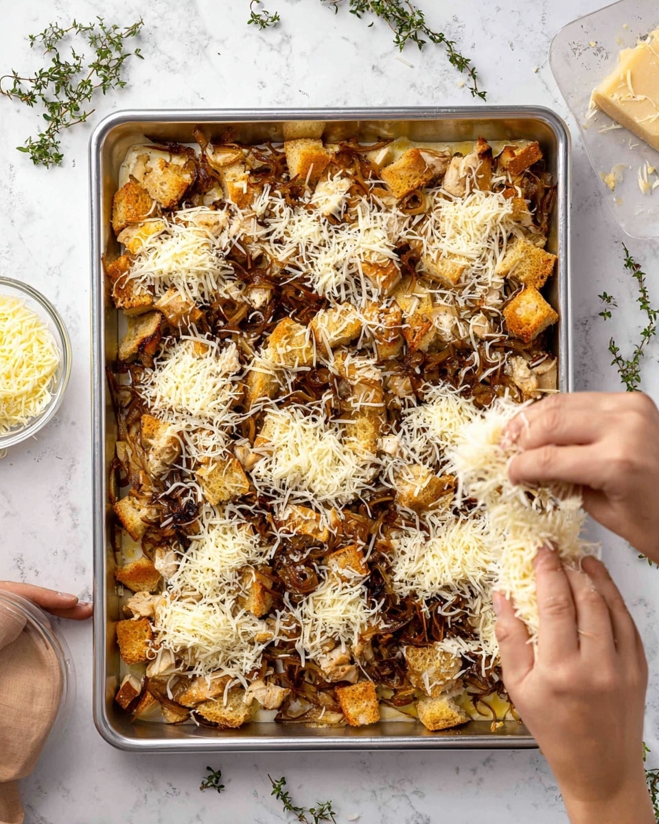 A silver baking tray filled with cooked pieces of light brown chicken layered with dark brown, slightly crispy onions spread evenly across the dish. The base shows a creamy light brown sauce with golden toasted bread cubes scattered throughout. A woman's hand is adding a layer of finely shredded pale yellow cheese on top, and a small clear glass bowl of the same cheese is held by the other woman's hand at the bottom left corner. The scene is set on a white marbled surface with small sprigs of green herbs placed around. Photo taken with an iphone --ar 4:5 --v 7