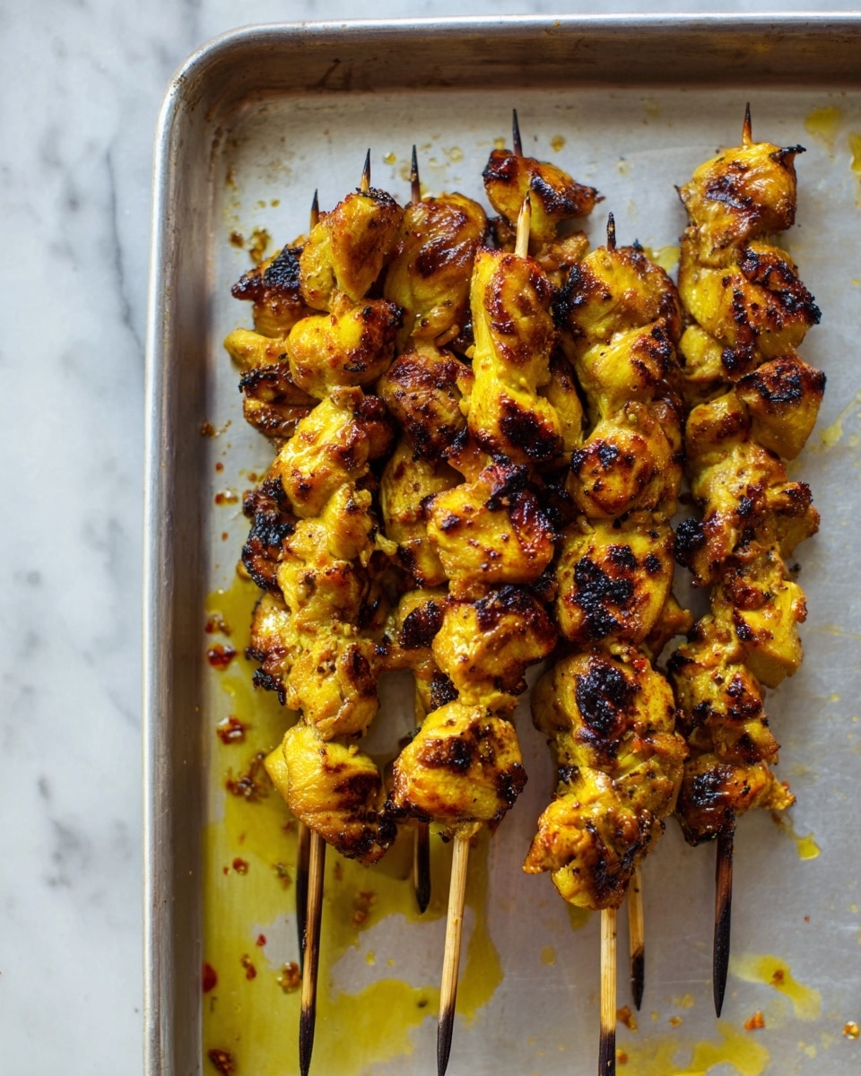 Several wooden skewers are stacked on a metal baking tray, each holding multiple pieces of grilled chicken. The chicken pieces have a golden-yellow color with dark char marks, giving a slightly crispy look, and they are unevenly shaped. The tray has some yellowish oil stains and small burnt bits around the skewers. The background shows a white marbled surface. photo taken with an iphone --ar 4:5 --v 7