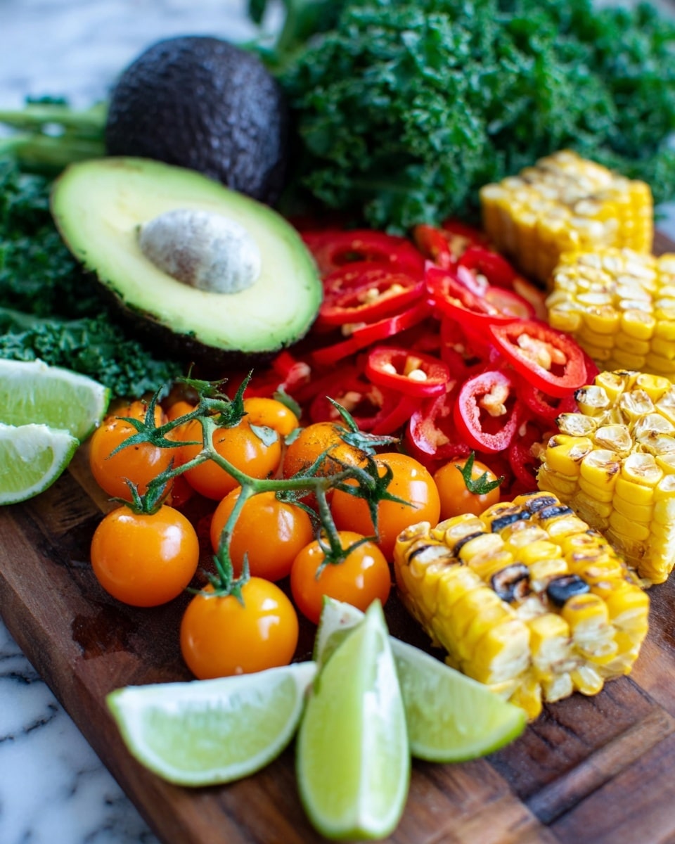 The image shows a colorful mix of fresh vegetables arranged on a board with a white marbled texture background. At the back, there is an avocado cut in half with a dark green skin and light green flesh. Near the avocado, there is a bunch of leafy green kale. Bright red tomatoes and sliced red chili peppers are scattered around. In the front, there are several round, orange cherry tomatoes with green stems. On the right side, there are pieces of grilled yellow corn with light char marks. Two lime wedges with bright green skin and pale green inside are placed on the edges. The overall scene is bright and fresh with a variety of textures and colors. photo taken with an iphone --ar 4:5 --v 7