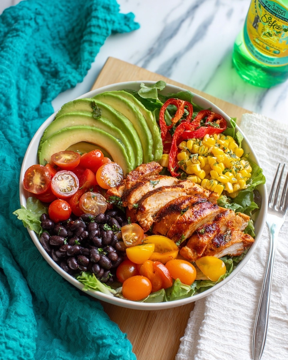 A colorful bowl of food with five main layers arranged side by side. On the left, there are bright green avocado slices with a smooth texture, next to them are red and orange cherry tomatoes, some sliced in half showing their juicy inside. Below the tomatoes are black beans with a shiny surface. On the right is a layer of grilled chicken strips with a golden-brown grilled texture, topped with slices of red chili peppers. Above the chicken, there are small pieces of yellow grilled corn sprinkled with herbs. The base of the bowl holds fresh green lettuce leaves. The bowl is white and set on a white marbled surface, with a white cloth and a fork on the right side and a green bottle with a green cap nearby. Photo taken with an iphone --ar 4:5 --v 7
