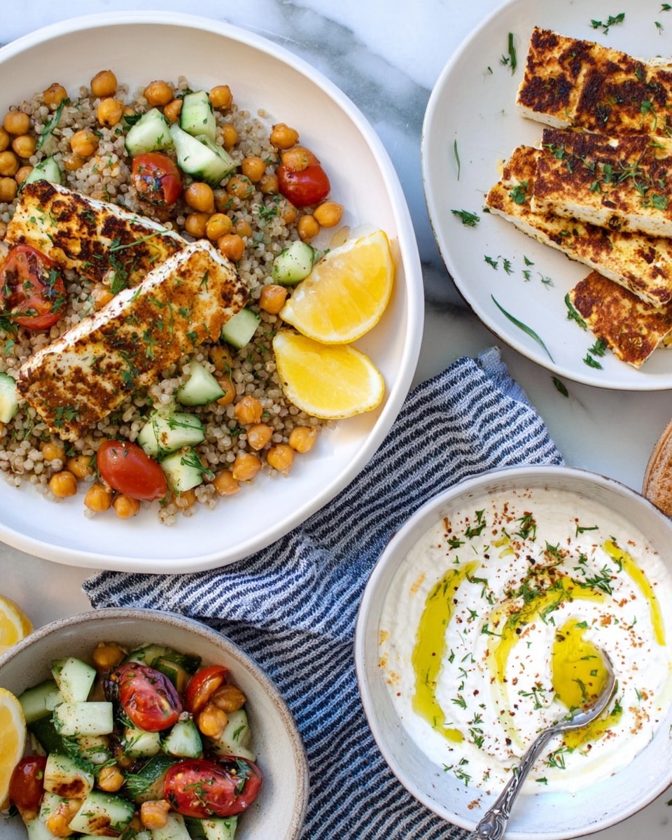 The image shows a white plate with light brown grilled cheese strips garnished with small green herbs, placed next to two lemon wedges. Beside it, there is a white bowl with small round grains mixed with light green cucumber cubes, halved red cherry tomatoes, roasted chickpeas, and finely chopped green herbs, all on a blue and white striped cloth. Below, a smaller white bowl contains a creamy white sauce topped with a drizzle of yellow oil, black pepper, and small green herbs. Part of another white plate is visible with a grilled cheese strip and a spoon resting on it. The whole scene sits on a white marbled surface photo taken with an iphone --ar 4:5 --v 7