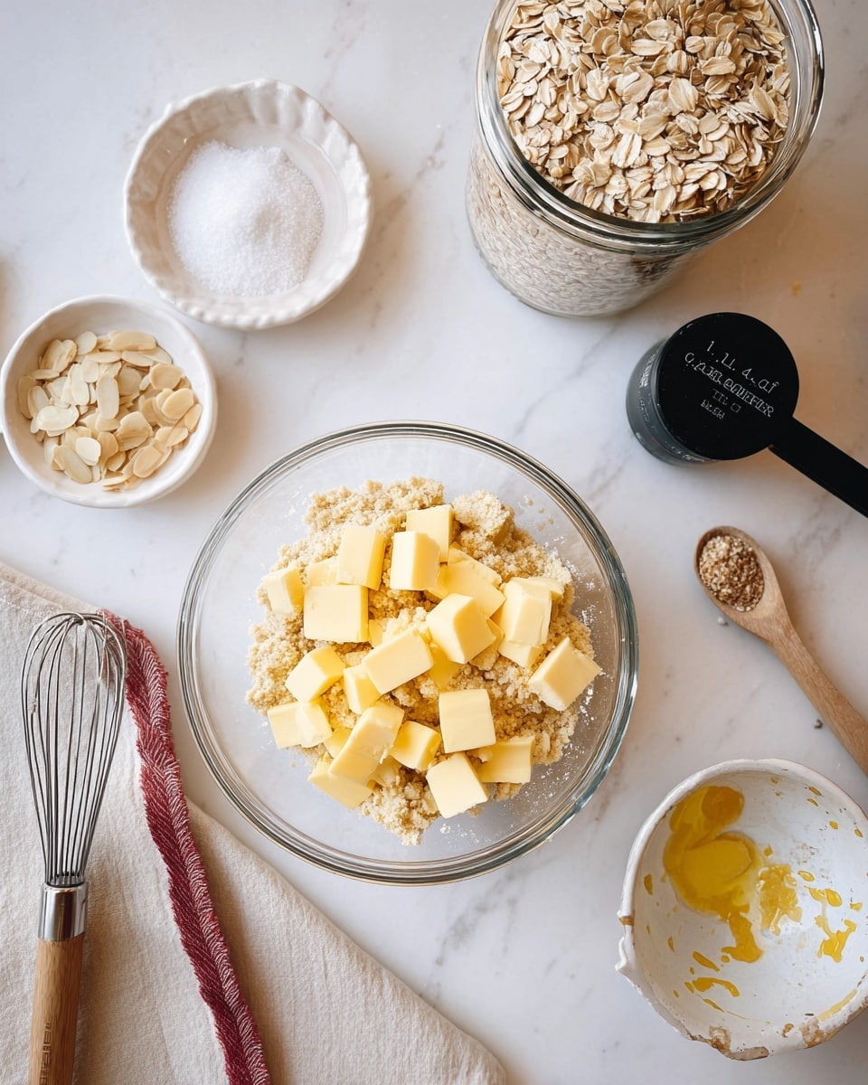 The image shows a clear glass bowl in the center filled with a dry mix topped with many small yellow butter cubes scattered evenly across the surface. Around the bowl, on a white marbled surface, there is a large glass jar filled with rolled oats at the top left, a small white dish with white salt and a small wooden spoon beside it, and a small glass bowl with thinly sliced almonds at the bottom left. On the right, there is a whisk resting on a beige folded cloth with a reddish trim and a small white bowl with some yellow residue inside. A black measuring cup labeled