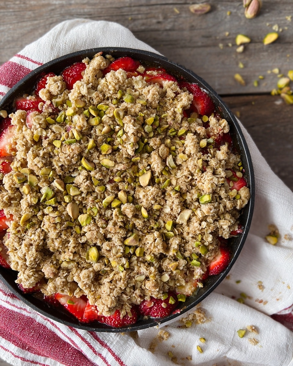 The image shows a round black baking dish filled with a dessert that has two visible layers. The bottom layer is made of bright red strawberry slices that peek through the top. The top layer is a thick, crumbly oat mixture mixed with chopped green pistachios, giving it a rough texture and a mix of light brown and green colors. The dish sits on a white cloth with red stripes on a wooden surface, and a few crumbs and pistachio pieces are scattered around. Photo taken with an iphone --ar 4:5 --v 7