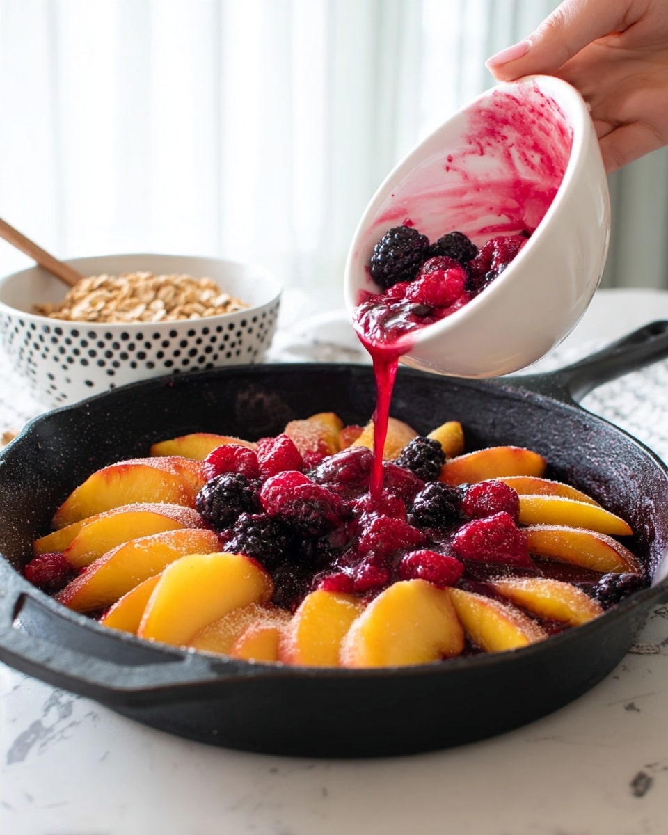A black cast iron pan holds a layer of sliced yellow peaches with a light cinnamon dusting, arranged evenly across the bottom. On top of this, a woman’s hand is tipping a white bowl that pours a fresh mixed berry sauce of blackberries and raspberries, shiny and vibrant red, dripping down over the peaches. The white bowl has red berry juice stains on the inside. Behind, a white bowl with black dots contains granola on a white marbled surface. The lighting is bright and natural, coming from a window in the background. Photo taken with an iphone --ar 4:5 --v 7