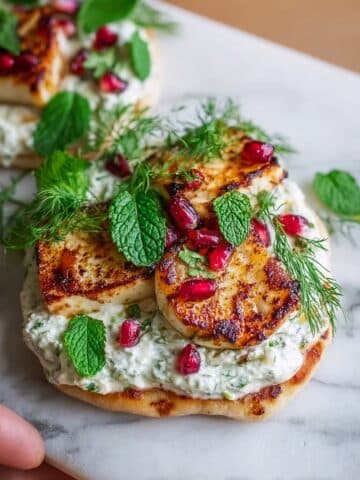Halloumi Flatbreads with Hot Honey and Fresh Herb Garnish Recipe